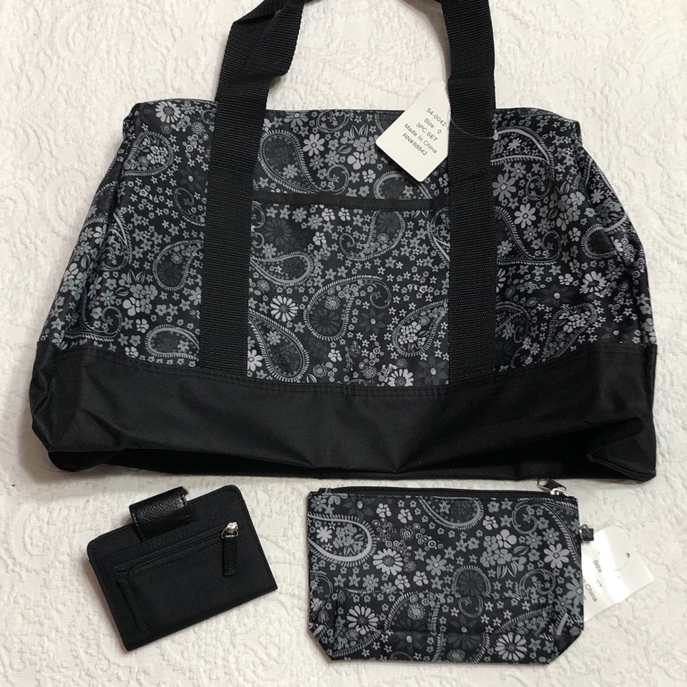 3 Piece Set- Black and Gray Paisley Duffle Shoulder Bag, Cosmetic Bag, Wallet